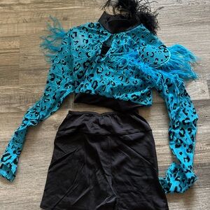 Teal Leopard Print Feathered Crop Top and Black Skirt Set